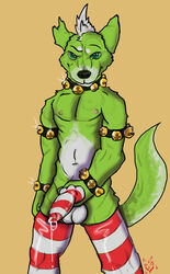 absurd_res animal_genitalia animal_penis anthro balls canine canine_penis cbrn_hyena christmas cum erection hi_res holding_penis holidays knot looking_at_viewer male male_only mammal mostly_nude muscular muscular_male nipples penis solo