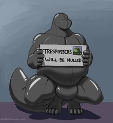 2020 4_toes 5_fingers absurd_res alligator alligatorid alphax10 anthro clothing crocodilian crouching english_text fingers hi_res holding_object holding_sign male marvol null null_bulge overweight overweight_anthro overweight_male reptile rubber rubber_suit scalie smile solo submissive submissive_male text toes transformation