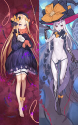 2girls abigail_williams_(fate/grand_order) bangs barefoot black_bow black_dress black_gloves black_hat black_legwear black_panties blonde_hair bloomers bloomers_(victorian) blush bow breasts butterfly censored commentary_request covered_mouth demmy dress dual_persona elbow_gloves fate/grand_order fate_(series) gloves glowing hairbow hat hat_bow highres holding kneeling long_hair long_sleeves looking_at_viewer mosaic_censoring multiple_girls navel nipples noose object_hug orange_bow pale_skin panties panty_pull parted_bangs pink_eyes polka_dot polka_dot_bow purple_eyes pussy_juice revealing_clothes saliva sharp_teeth sleeves_past_wrists small_breasts stuffed_animal stuffed_toy teddy_bear teeth tongue tongue_out topless underwear very_long_hair white_bloomers white_hair witch_hat