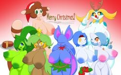 absurd_res aijou balls bangs_(character) big_breasts blue_hair breasts brown_hair christmas clothed clothing curly_q dickgirl dragon eggnog eyelashes fake_antlers female flora_fauna fruitcake furret futanari gardevoir hair hi_res holidays huge_breasts intersex jet_(quin_nsfw) jou_(species) latios mistletoe nintendo nipples one_eye_closed penis plant plate pokémorph pokemon pokemon_(species) prea pussy shiny_pokémon shmeepo smile tami_(elfdrago) tami_(metachoke) topless tropius video_games wink yellow_eyes zubat