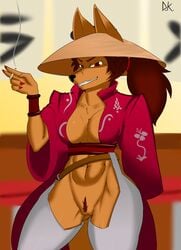 2017 anthro bottomless breasts canine character_request cigarette clothed clothing desertkaiju female front_view fur hair humanoid_hands japan japanese japanese_clothing kimono looking_at_viewer mammal original original_character outside pussy ramen_shop smile smoke smoking solo teeth