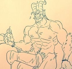 2017 abs anthro balls beard biceps big_penis christmas claws clothing cum cum_drip demon dripping ear_piercing erection facial_hair fangs fur hair holidays horn legwear male male_only muscular muscular_male nipples nude pecs penis piercing simple_background sitting solo staticlustdemons stockings teeth wuffinarts