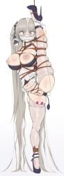 absurdres ameng ameng_(katena1990) azur_lane bondage bound breasts cloth_gag crotch_rope female formidable_(azur_lane) frown gag garter_belt grey_hair high_heels highres improvised_gag large_breasts long_hair nipples object_on_head panties panties_on_head red_eyes remote_control_vibrator restrained sex_toy simple_background solo split standing standing_on_one_leg standing_split thighhighs twintails underwear urinary_drainage_bag very_long_hair vibrator vibrator_in_thighhighs white_background white_garter_belt white_thighhighs