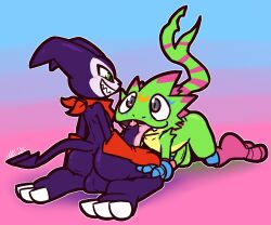 2025 2_horns all_fours anthro ass backsack balls bandai_namco big_balls big_butt big_penis black_nose blue_body blue_clothing blue_gloves blue_handwear blue_markings blue_scales blush bodily_fluids clothing demon digimon digimon_(species) duo erection foreskin gekkomon genital_fluids genitals glans gloves green_body green_eyes green_scales grey_eyes grin handwear horn humanoid humanoid_on_anthro imp impmon interspecies kerchief kneeling licking lizard looking_down looking_up male male/male markings oral orange_body orange_markings orange_scales penile penis penis_lick perineum pink_body pink_glans pink_scales pink_stripes precum pupils purple_balls purple_penis purple_perineum red_clothing red_gloves red_handwear red_kerchief reptile scales scalie sex sharp_teeth smile spade_tail striped_body striped_scales stripes tail teeth tongue ultilix