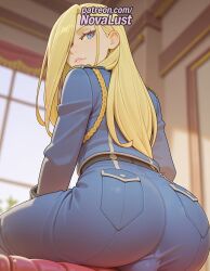 1futa 2025 ai_generated artist_name ass blonde_hair blue_eyes blurry blurry_background blurry_foreground denim depth_of_field fullmetal_alchemist futanari hi_res high_quality high_resolution highres long_hair looking_back novalust olivier_mira_armstrong pantylines patreon patreon_username pocket solo stable_diffusion watermark