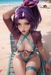 ai_generated armband beach beach_background beach_chair blue_eyes blush cleavage curvy curvy_figure exhibitionism exhibitionist facing_viewer green_swimsuit horny horny_female jaajaai marvel marvel_comics marvel_rivals one_arm_up one_hand_behind_head outdoors outside ponytail posing psylocke psylocke_(breezy_butterfly) psylocke_(marvel_rivals) purple_hair seductive seductive_body seductive_look seductive_pose shiny_skin sitting sitting_on_chair smooth_skin summer sweat sweatdrop sweating sweaty swimsuit tagme wet wet_body wet_skin x-men