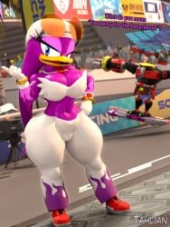 1boy 1girls 3d 3d_(artwork) anthro audience avian bandana big_breasts bottom_heavy breasts cameltoe cleavage clothing crop_top dialogue dominant dominant_male e-123_omega female female_focus furry heels hoverboard looking_at_viewer male midriff pants png race_track robot shoes sonic_(series) sonic_racing_crossworlds sonic_the_hedgehog_(series) sunglasses sunglasses_on_head t_pose tahlian talking_to_another talking_to_viewer taunting text thick_thighs thunder_thighs wave_the_swallow wide_hips