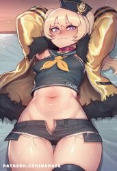:3 ai_generated big_ass big_butt big_thighs blonde_hair blush denim fishnet_legwear fishnets fur fur_trim huge_ass huge_butt huge_thighs jacket lying purple_eyes small_breasts twintails wanuze wide_hips
