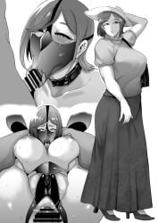 1boy anal backless_panties bag bar_censor censored collar fellatio fellatio_mask female greyscale handbag hat high_heels highres long_skirt mask monochrome mouth_mask multiple_views nipples oral original otochichi panties short_sleeves skirt straight underwear