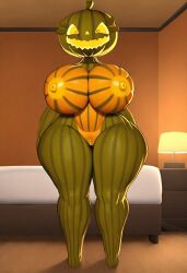 1girls ai_generated anthro bedroom big_breasts five_nights_at_freddy's five_nights_at_freddy's_4 halloween jack_o_pumpkin_(fnaf) nipples nude pumpkin_girl pumpkin_head pussy solo thick_thighs