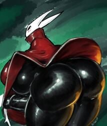 anthro ass big_butt biped black_body blush breasts clothed clothing ftg_crossgender fti_crossgender genitals glistening glistening_body gynomorph hi_res hollow_knight_(franchise) hornet_(hollow_knight) huge_butt intersex jindragowolf monotone_body no_pupils penis red_clothing rule_63 simple_background solo team_cherry thick_thighs three-quarter_view vessel_(species) white_head