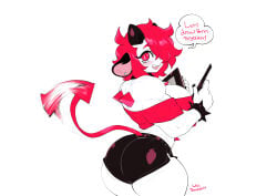 1boy ass_visible_through_clothes blush blushing blushing_at_viewer booty_shorts choker demon demon_boy demon_tail drawing_tablet ear_piercing encouragement fangs femboy horns hourglass_figure humanoid incubus kittbetelgeuse looking_at_viewer male_with_breasts man_boobs man_tits muscular muscular_femboy muscular_male off_shoulder off_shoulder_shirt original original_character painted_nails red_eyes red_hair solo solo_focus spiked_bracelet spiked_choker succuboy succubus_boy succubus_tail tagme tailwag talking_to_viewer thick_thighs
