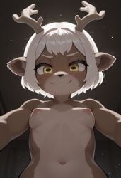 ai_generated animal_ears antlers bangs breasts closed_mouth deer_antlers deer_ears deer_girl drikker female from_behind from_below furry furry_female horizontal_pupils looking_at_viewer looking_down lora navel nipples nude original seeka_(studio_wrong) short_hair small_breasts smile solo studio_wrong upper_body wainsfwnovafurry white_eyebrows white_hair yellow_eyes