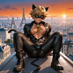 abs adrien_agreste ai ai_art ai_generated bara black_suit blonde_hair cat_noir chat_noir chest_hair eremitz gay gay_male male miraculous_ladybug mlm muscular muscular_abs muscular_ass muscular_chest muscular_male pubic_hair show suit yaoi
