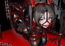 ass azur_lane ball_gag black_hair blush bodysuit bondage bound breasts crotch_rope dynamotor full_body gag gag_harness gagged highres hogtie large_breasts latex latex_bodysuit long_hair looking_to_the_side mecha_musume restrained saliva_drip shibari_over_clothes skin_tight skindentation soles suspension tongue tongue_out twintails very_long_hair wiffle_gag yellow_eyes z52_(azur_lane)