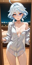 1girls ahoge ai_generated bedroom blue_eyes bottomless cleavage collarbone collared_shirt covered_nipples doorway furina_(genshin_impact) genshin_impact heterochromia hoyoverse indoors looking_at_viewer mihoyo naked naked_shirt night nipple_peek off-shoulder_shirt parted_lips rolled_up_sleeves sexy short_hair silhouette skinny small_breasts solo suggestive unbuttoned white_hair white_shirt