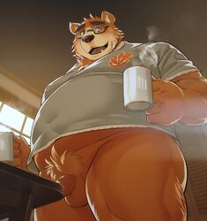 2017 anthro balls bear beverage blush bottomless brown_fur clothed clothing convenient_censorship cup drinks eyewear fur glasses male male_only mammal oak orchish_(pixiv) overweight overweight_male penis pubes shirt solo tokyo_afterschool_summoners uncut volos