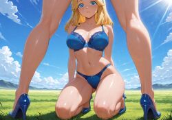 adult ai_generated armpits big_breasts blonde_hair bottomwear bra female field fit heels looking_at_viewer maria_robotnik mature_female navel nsfwgens request shiny_skin sitting sonic_(series) split_screen tight_clothing