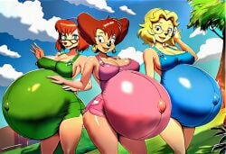 ai_assisted ai_generated blue_overalls breasts detailed_background disney goof_troop green_overalls group hyper_pregnancy looking_at_viewer ms._pennypacker outside overall_shorts overalls overalls_only peg_pete pink_overalls pregnant smile sylvia_marpole trio