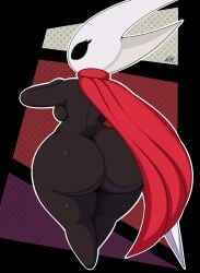 2025 4_fingers arthropod arthropod_webbing ass big_butt black_eyes butt_focus cloak clothing exoskeleton featureless_feet feet fingers hi_res holding_object holding_weapon hollow_knight hollow_knight_(franchise) hornet_(hollow_knight) huge_butt looking_back mostly_nude no_pupils nr_ac rear_view red_cloak red_clothing team_cherry weapon white_mask