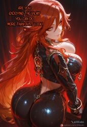 1girls ai_assisted ai_generated aisouls blush breasts caption choker cowboy_shot ear_piercing earrings english_text eyelashes female genshin_impact highres horny hourglass_figure human indoors jewelry large_breasts latex latex_clothing latex_gloves latex_suit light-skinned_female light_skin long_hair mavuika_(genshin_impact) mihoyo navel necklace orange_eyes orange_hair patreon_username red_eyes red_hair seductive seductive_look sexy sexy_body simple_background smile smirk sweat tagme tiny_waist web_address yellow_eyes