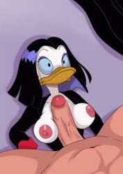 anthro avian beak big_breasts bird black_hair breasts clothed clothing disney duck ducktales duo erection exposed_breasts faceless_male female hair highres human human_on_anthro humanoid_penis interspecies inusen magica_de_spell male mammal nipples outercourse paizuri penis sex simple_background straight