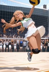 ai_generated beach jumping pussy pussy_peek sport tan_body tan_skin tanned twintails ump9_(girls'_frontline) volleyball white_shirt white_shorts