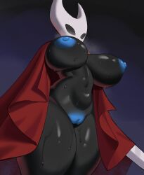 1girls anthro areolae arthropod big_breasts black_body black_eyes black_skin blue_areola blue_nipples blue_pussy bottomless breasts cloak cloak_only female female_only hollow_knight hornet_(hollow_knight) huge_breasts mrcrazyp3 nipples pussy red_cloak solo solo_female steam steamy steamy_breath sweat sweatdrop sweaty thick_thighs thighs topless vagina weapon