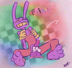 3_toes anthro balls big_balls bodily_fluids cum cumshot dialogue ejaculation feet floating_hands gaygoat genital_fluids genitals glitch_productions handjob helping_hand hi_res jax_(tadc) lagomorph leporid male mammal orgasm_face penile rabbit sex shaking solo the_amazing_digital_circus toes trembling