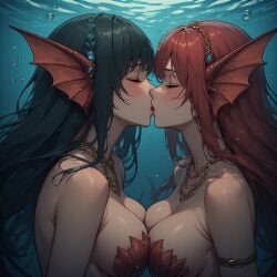 2girls ai_generated blush bubbles closed_eyes female_only hair_ornament jewelry kissing large_breasts married_couple mermaid monster_girl necklace red_hair romantic_couple underwater wavy_hair yuri