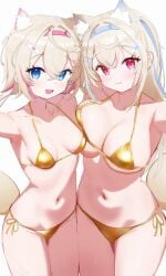 2girls :3 :d absurdres alternate_costume animal_ear_fluff animal_ears asymmetrical_docking bandaid bandaid_hair_ornament bikini blonde_hair blue_eyes blue_hair blue_hairband breast_press breasts cleavage closed_mouth commentary crossed_bangs daf_(daf_4) dog_ears dog_girl dog_tail double-parted_bangs english_commentary extra_ears female fuwawa_abyssgard gold_bikini golden_week hair_between_eyes hair_intakes hair_ornament hairband hairclip halterneck highres hololive hololive_english horn_hairband large_breasts long_hair looking_at_viewer mococo_abyssgard multicolored_hair multiple_girls navel open_mouth pink_eyes pink_hair pink_hairband reaching reaching_towards_viewer short_hair siblings side-tie_bikini_bottom simple_background sisters small_breasts smile stomach streaked_hair string_bikini swimsuit tail twins two_side_up virtual_youtuber white_background x_hair_ornament