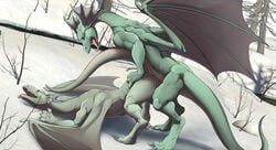 2017 dragon duo female feral forest forest_dragon from_behind_position horn male membranous_wings mounting nude open_mouth outside penetration scalie sex slither slitherette snow straight tongue tree twinkle-sez wings winter