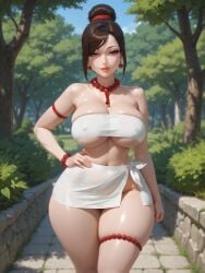 ai_generated armband bangs bead_bracelet bead_necklace beads bracelet brunette_hair bursting_breasts cleavage earrings east_asian_clothing female hair_bun hair_strand half-closed_eyes hand_on_hip large_breasts milf miniskirt nature_background necklace nipple_bulge one_hand_on_hip one_leg_forward park park_background prayer_beads rgomez007 sarong seductive_smile skindentation solo_female stable_diffusion thick_lips thick_thighs thighlet tied_clothing trees tubetop underboob updo wide_hips