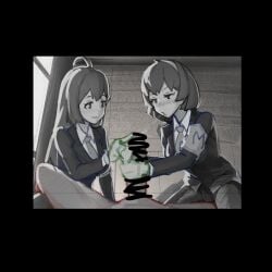 1boy 2girls ahoge armband bathyno_tranq black_and_white black_suit breasts clothed_female_nude_male collared_shirt commission cooperative_handjob hairband handjob hod_(lobotomy_corporation) hod_(project_moon) large_breasts lobotomy_corporation long_hair malkuth_(lobotomy_corporation) malkuth_(project_moon) multiple_girls necktie penis project_moon saliva shirt skeb_commission sketch spitting suit teamwork_(sexual)