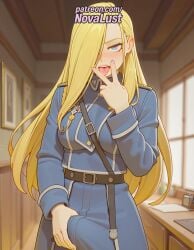 1futa 2025 ai_generated artist_name blonde_hair blurry blurry_background blurry_foreground blush bookshelf breasts bust chest depth_of_field fullmetal_alchemist futanari hair_over_one_eye hi_res high_quality high_resolution highres indoors long_hair long_sleeves novalust olivier_mira_armstrong patreon patreon_username solo stable_diffusion tongue tongue_out watermark