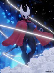 2_horns anthro arthropod black_body black_eyes breasts cape clothing digital_media_(artwork) female flower genitals glowing glowing_genitalia glowing_nipples glowing_vulva hi_res hollow_knight hollow_knight:_silksong hollow_knight_(franchise) horn hornet_(hollow_knight) insects looking_at_viewer nipple_slip nipples packs_3d particles plant rose_(flower) simple_background solo team_cherry text thread vulva weapon