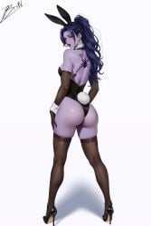 alvsdraws animal_ears ass bare_back bare_shoulders black_hair black_leotard black_lips black_shoes breasts brown_pantyhose colored_eyelashes colored_skin earrings elbow_gloves eyeliner fake_animal_ears fake_tail female forehead from_behind full_body gloves hand_on_own_hip high_heels high_ponytail highleg highleg_leotard jewelry legs legs_apart leotard long_hair looking_at_viewer looking_back makeup mature_female overwatch pantyhose parted_bangs parted_lips playboy_bunny ponytail purple_skin rabbit_tail shadow shoes signature simple_background solo sparkle spider_tattoo standing strapless strapless_leotard tagme tail tattoo thighs white_background widowmaker wrist_cuffs yellow_eyes