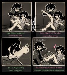 1boy 1girls 2d andrew_graves ashley_graves black_hair black_toenails blush brother_and_sister clothed comic dialogue english_text feet female foot_fetish footjob green_toenails incest lust_coffin male painted_toenails penis pink_eyes ponytail pubic_hair siblings tease teasing the_coffin_of_andy_and_leyley toes