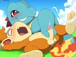 2025 absurd_res alligator balls big_penis blue_body bodily_fluids chimchar cum cum_on_penis cumshot foot_touching_penis giggling hi_res male/male male_only monkey nintendo nostrils open_mouth penis pokemon pokemon_(species) red_eyes saliva screaming spread_legs testicles totodile white_teeth winick-lim