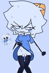 1girls animator annoyed big_head black_eyes black_leggings black_thighhighs blush blushing_at_viewer celine_(joblazeframes) female hat headgear headwear leaking_cum leggings lifting_shirt no_panties presenting pussy reference_image shaking stick_figure stickman sweat sweatdrop thin_female white_body white_hair white_skin yellowfaith youtube youtuber