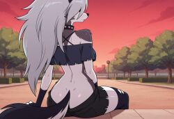 ai_generated anthro ass canid canid_demon clothing demon female fur furry hair hellhound helluva_boss legwear long_hair loona_(helluva_boss) mammal multicolored_body multicolored_fur park park_bench public solo sunset thigh_highs two_tone_body two_tone_fur wardrobe_malfunction