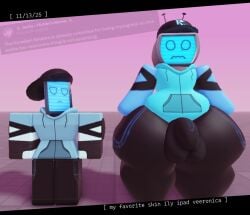 1boy 1girls 3d balls_bulge baronaces baseplate black_pants blue_body blue_jacket bottom_heavy boy_veeronica bulge bulge_through_clothing clothed dated femboy forsaken_(roblox) hat hyper_thighs ipad ipad_veeronica male penis penis_bulge pink_background roblox roblox_game roblox_studio robloxian self_upload size_difference standing thick_thighs thighs tv tv_head veeronica