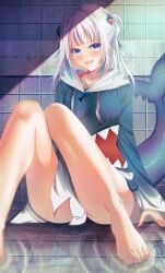 absurdres alternate_breast_size_(larger) animal_hood ass bare_legs barefoot blue_eyes breasts film_grain fins fish_tail fringe-trim gawr_gura hair_ornament highres hololive hololive_english hood hood_up hoodie legs_apart long_hair long_sleeves lori_hagami medium_breasts multicolored_hair shark_girl shark_hood shark_tail shark_tooth sitting streaked_hair tail virtual_youtuber white_hair