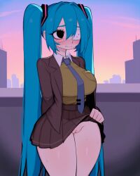 1girls absurd_res ai_generated black_eyes blazer blue_hair blue_tie blush blush_lines brown_blazer brown_skirt brown_suit clothes_pull embarrassed eyepatch falsegate flashing hatsune_miku highres large_breasts lifted_by_self long_hair medical_eyepatch monitoring_(deco*27) nervous pleated_skirt pulled_by_self pussy self_upload skirt skirt_lift solo stable_diffusion sweater thick_thighs tie twintails vocaloid wide_hips yellow_sweater