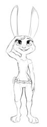 2018 anthro barely_visible_genitalia belt black_and_white breasts buckteeth claws dipstick_ears disney featureless_breasts female judy_hopps lagomorph looking_at_viewer mammal monochrome mostly_nude rabbit rough_sketch salute simple_background sketch small_breasts smile solo standing subtle_pussy teeth toe_claws utility_belt w4g4 white_background zootopia