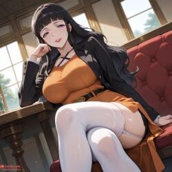 ai_generated belt black_hair black_jacket blunt_bangs breasts code_geass collarbone couch crossed_legs dreamy_waifus dress female garter_straps indoors jacket large_breasts long_hair long_sleeves looking_at_viewer marianne_vi_britannia open_clothes open_jacket orange_dress parted_lips purple_eyes red_lips sitting smile solo sweat table thighhighs thighs wavy_hair white_thighhighs window