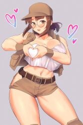1girls 5_finger background belt breasts brown_eyes brown_hair brown_hair_female brown_hat brown_jacket clothed clothed_female female female_focus female_only fingers fio_germi glasses gray_background hand_on_breast hand_sign hat heart heart-shaped_pupils huge_breasts huge_thighs human human_only large_breasts looking_at_viewer love madsensei metal_slug open_mouth short_hair simple_background solo solo_female thighs tongue white_shirt