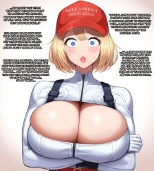 1girls :o ai_generated arms_crossed big_breasts blonde_hair blonde_hair_female blue_eyes bob_cut breasts cleavage cleavage_cutout clothed dc dc_comics female female_focus female_only hat huge_breasts hypnosis large_breasts make_america_great_again mind_control political politics power_girl short_hair solo solo_female spiral_eyes superheroine tagme text tiechonortheal_(manipper) tits_bigger_than_head what why_not