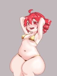 1girls 2d 2d_(artwork) ahoge armpits arms_behind_head arms_up belly big_thighs bikini blush bottom_heavy breasts chubby chubby_female curvaceous curvy curvy_female curvy_figure enzo_bladimir female female_only gold_bikini golden_bikini golden_week grey_background hips_wider_than_shoulders huge_thighs kasane_teto large_thighs love_handles massive_thighs micro_bikini navel open_mouth pear_shaped pear_shaped_female plump plump_belly plump_thighs red_eyes red_hair shortstack showing_armpits simple_background small_breasts solo solo_female twin_drills utau voluptuous voluptuous_female wide_hips
