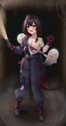 abandoned ahoge areola_slip belt black_gloves black_hair blush boots breasts cleavage collarbone darkness female fins fish_tail flashlight flashlight_beam full_body ghost gloves haunted_house_(attraction) highres holding holding_flashlight indie_virtual_youtuber jumpsuit long_hair long_sleeves looking_at_viewer lori_hagami medium_breasts miya_mareena multicolored_hair oerba_yun_fang open_mouth original overalls pants red_eyes red_hair shark_tail shirt silk skin_fang solo spider_web standing streaked_hair tail torn_clothes torn_pants torn_shirt virtual_youtuber wooden_floor